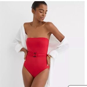 LOFT Strapless Belted One-Piece Swimsuit in Red